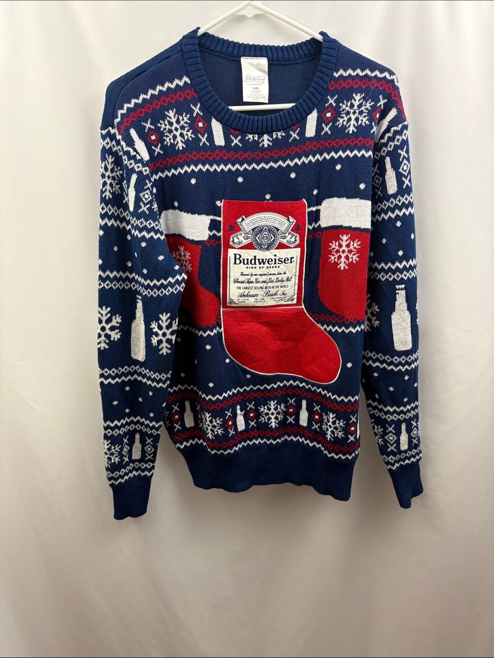 Budweiser Christmas Sweater with Beer Pocket Size Medium Blue Red Snowflakes